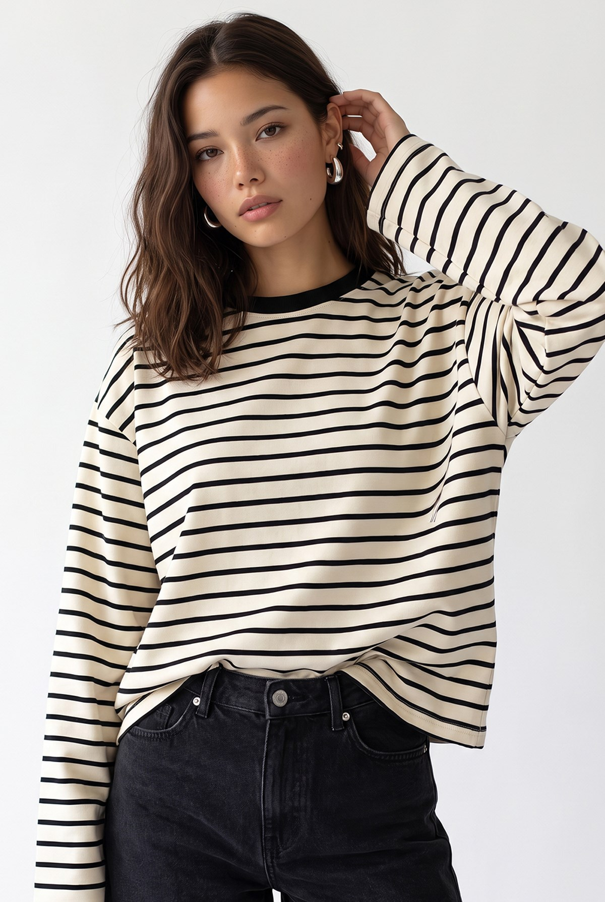 2236 Çizgili Bisiklet Yaka Uzun Kol Oversize Sweatshirt Siyah