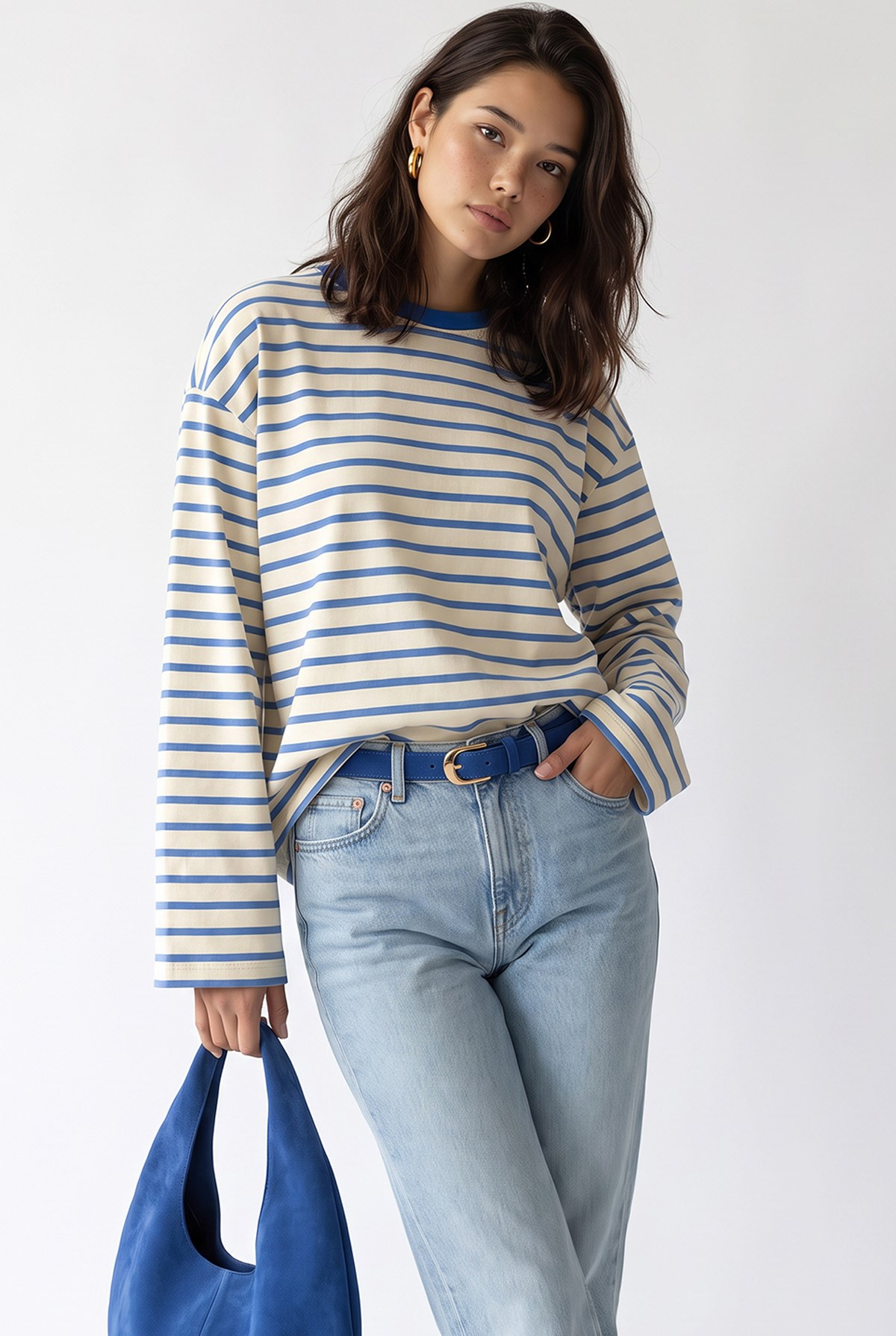 2236 Çizgili Bisiklet Yaka Uzun Kol Oversize Sweatshirt Mavi