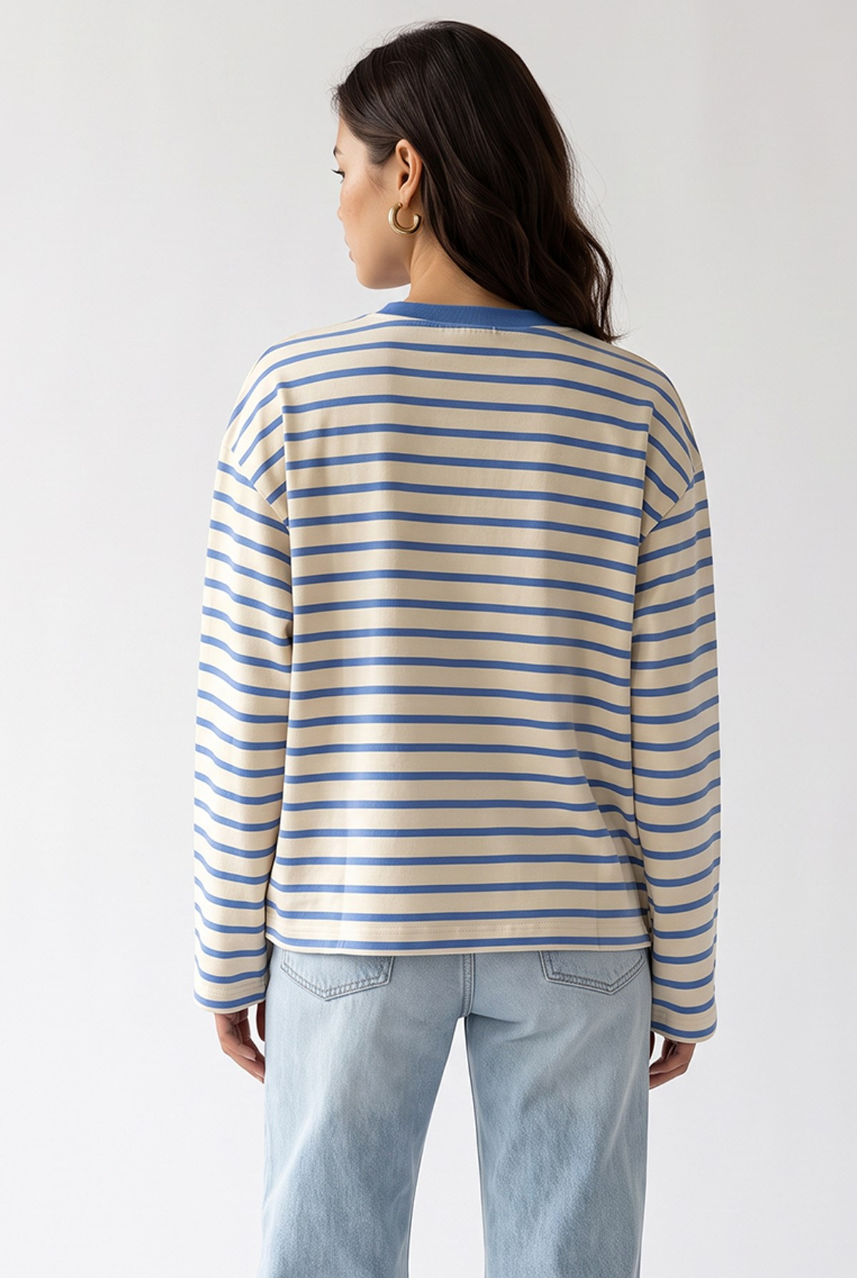 2236 Çizgili Bisiklet Yaka Uzun Kol Oversize Sweatshirt Mavi