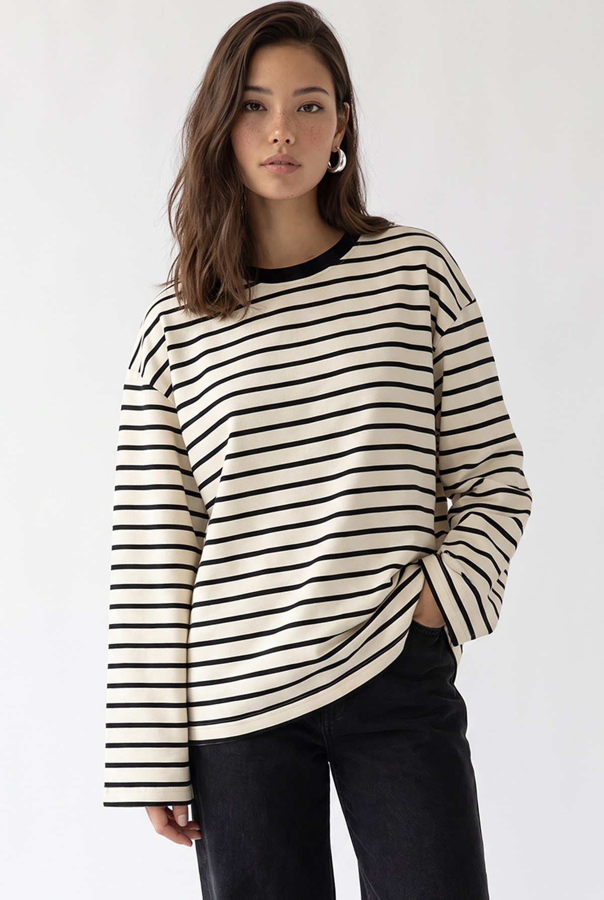 2236 Çizgili Bisiklet Yaka Uzun Kol Oversize Sweatshirt Siyah