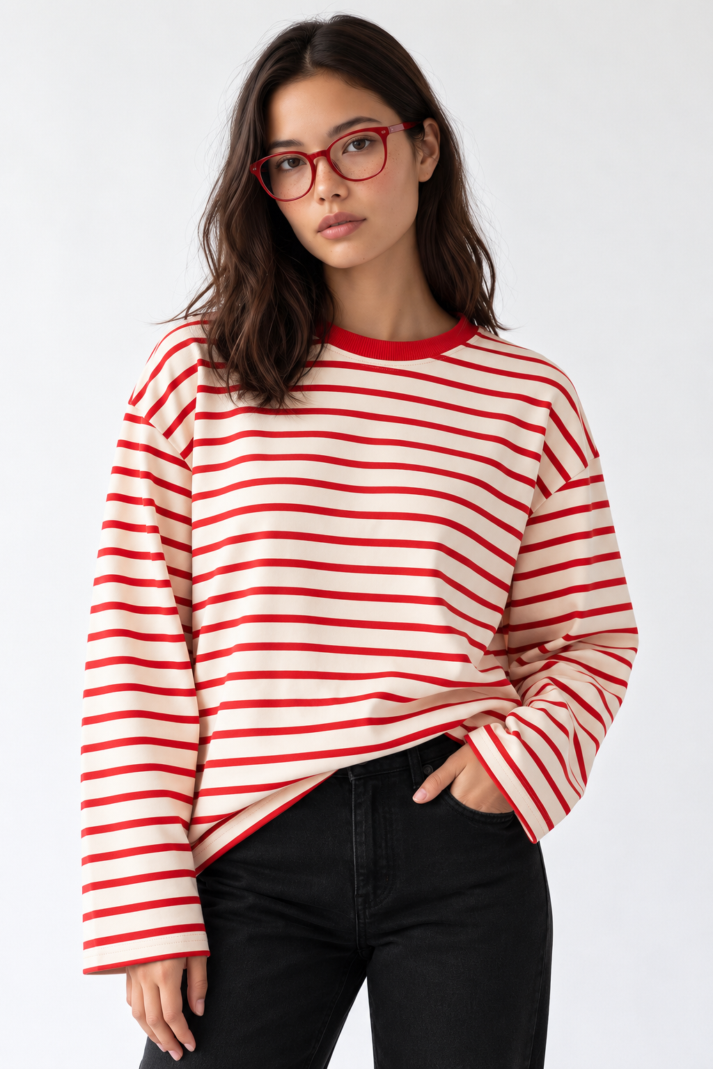 2236 Çizgili Bisiklet Yaka Uzun Kol Oversize Sweatshirt Kırmızı