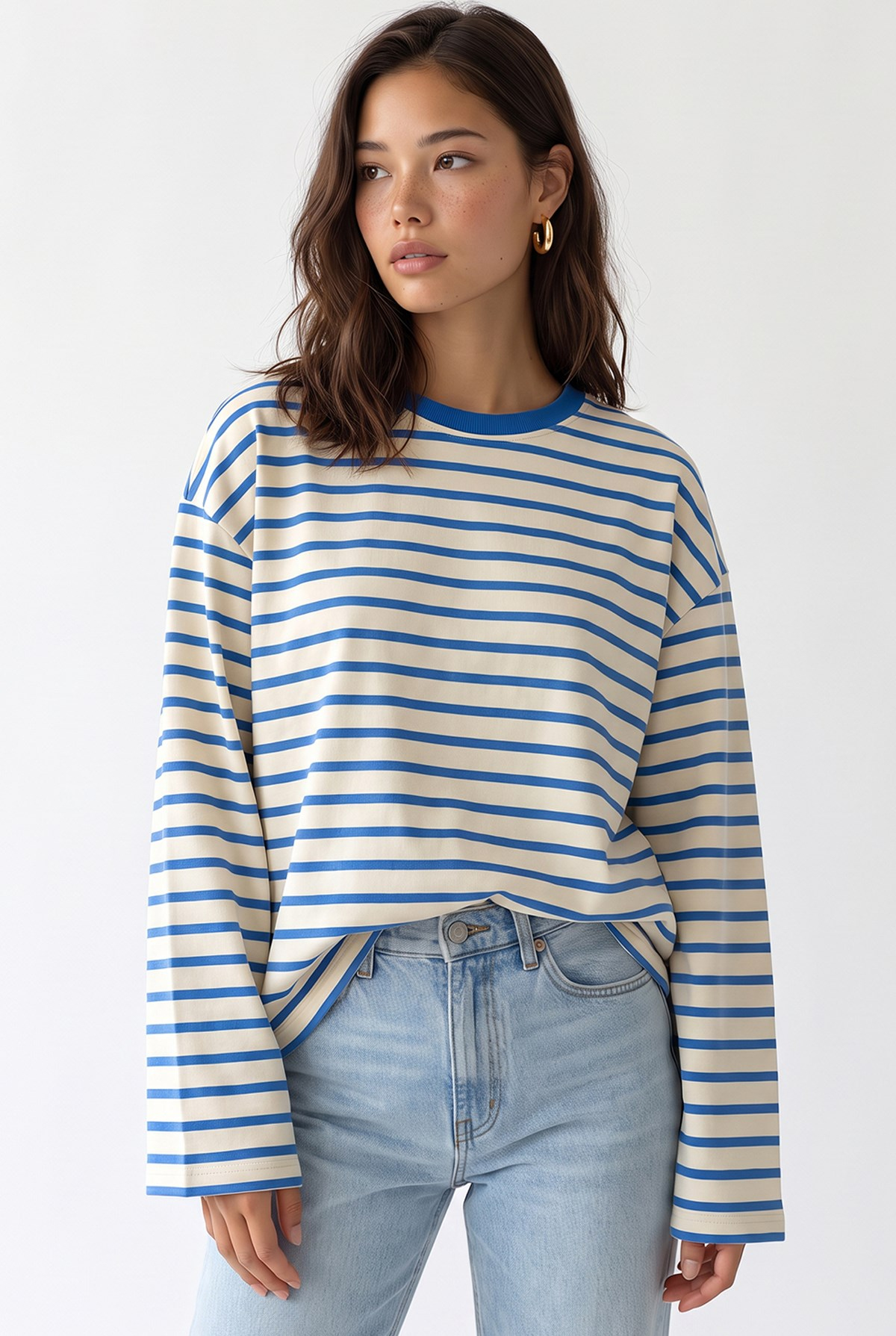 2236 Çizgili Bisiklet Yaka Uzun Kol Oversize Sweatshirt Mavi