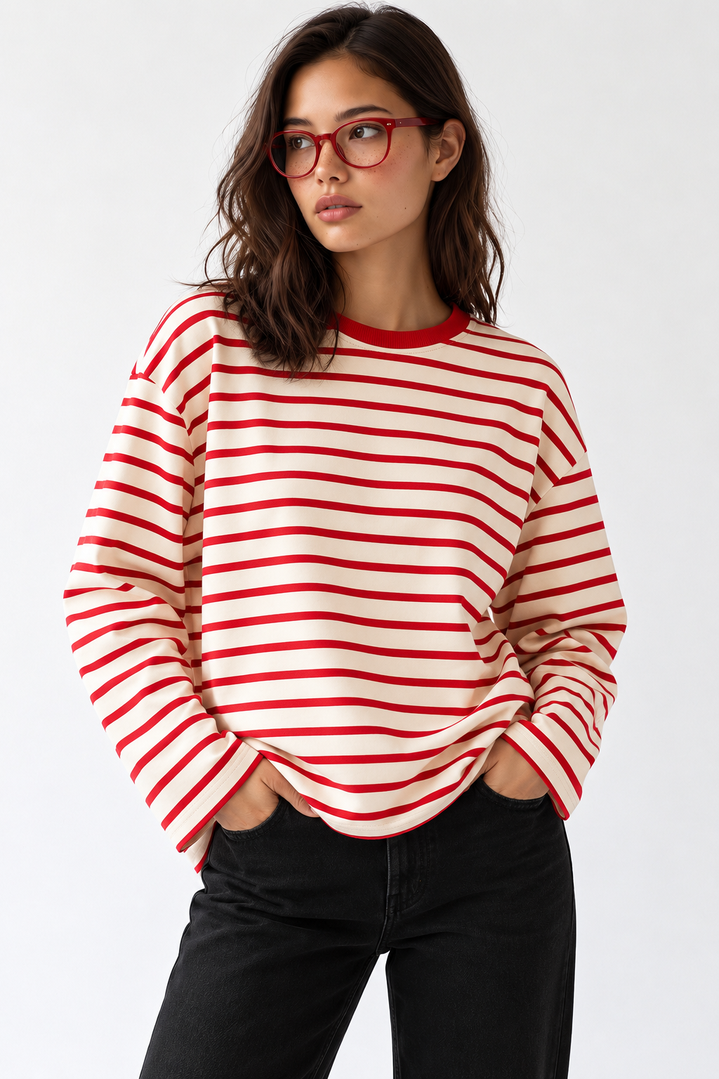 2236 Çizgili Bisiklet Yaka Uzun Kol Oversize Sweatshirt Kırmızı