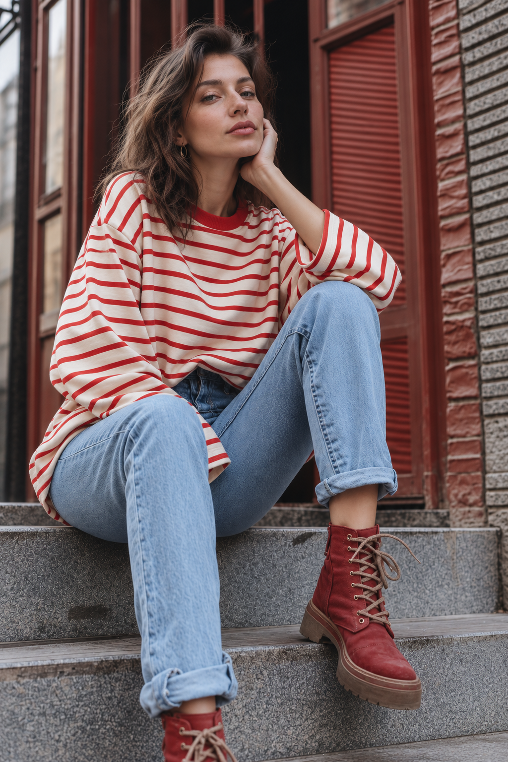 2236 Çizgili Bisiklet Yaka Uzun Kol Oversize Sweatshirt Kırmızı