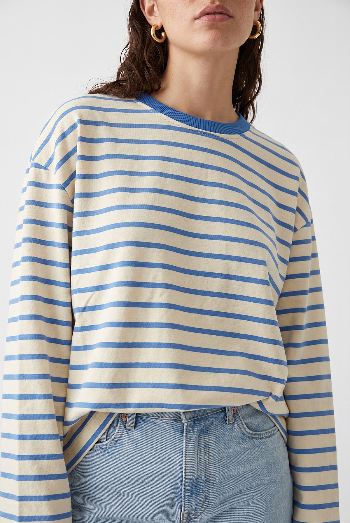 2236 Çizgili Bisiklet Yaka Uzun Kol Oversize Sweatshirt Mavi