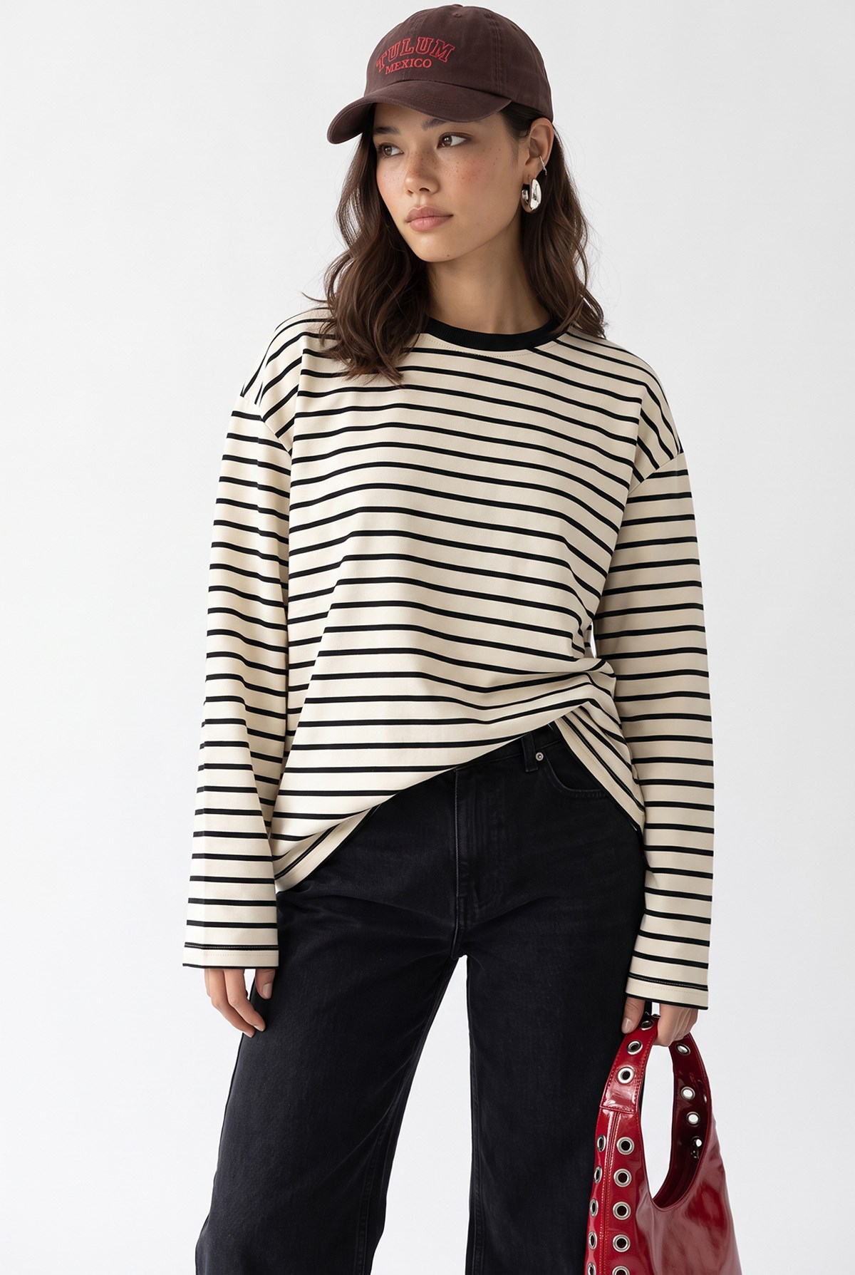 2236 Çizgili Bisiklet Yaka Uzun Kol Oversize Sweatshirt Siyah