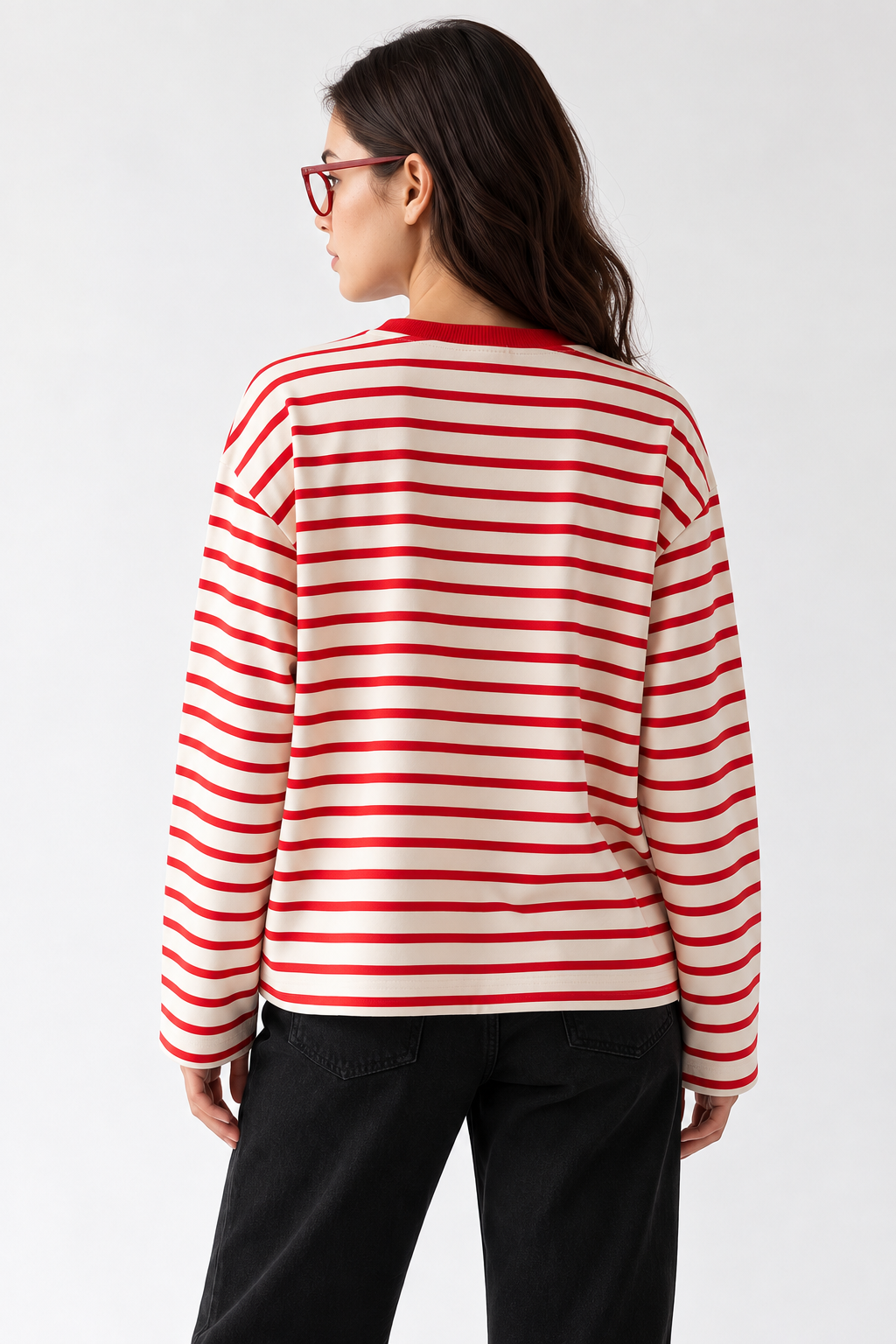 2236 Çizgili Bisiklet Yaka Uzun Kol Oversize Sweatshirt Kırmızı