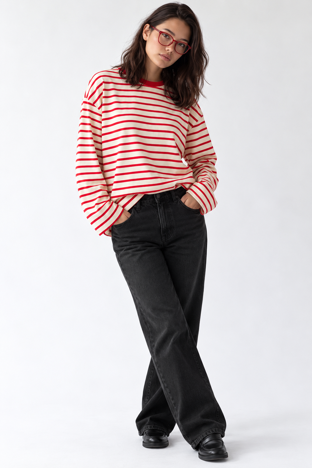2236 Çizgili Bisiklet Yaka Uzun Kol Oversize Sweatshirt Kırmızı