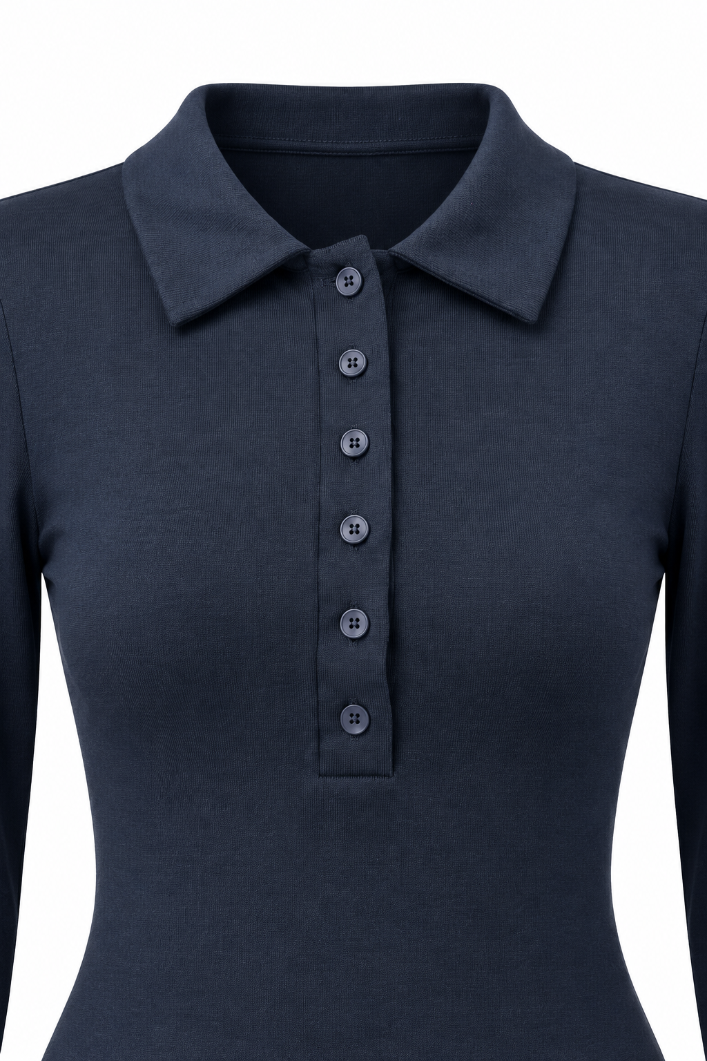 2246 Kadın Polo Yaka Düğmeli Uzun Kollu Slim Fit Bluz Lacivert