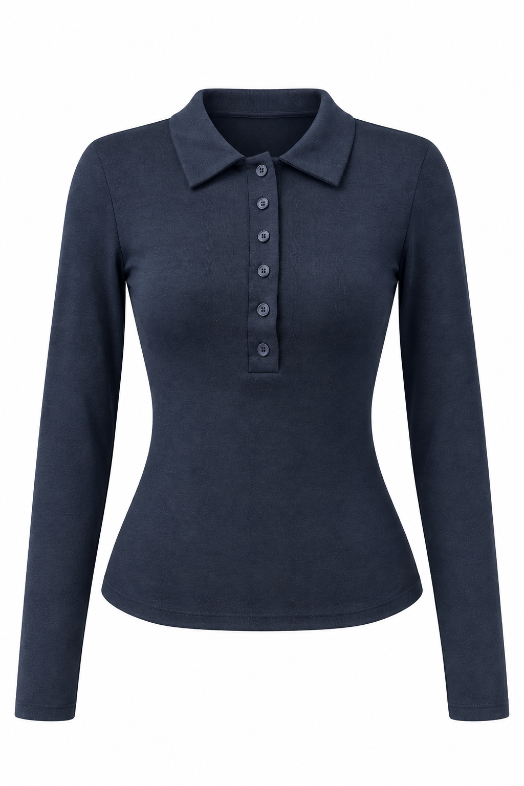 2246 Kadın Polo Yaka Düğmeli Uzun Kollu Slim Fit Bluz Lacivert