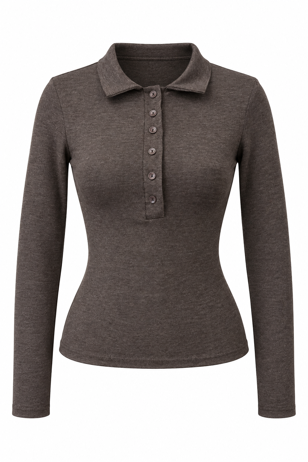 2246 Kadın Polo Yaka Düğmeli Uzun Kollu Slim Fit Bluz Kahve