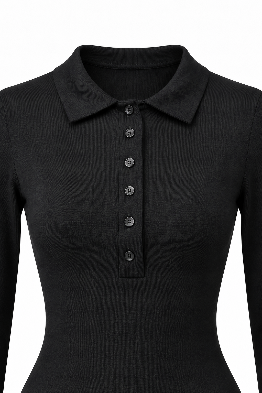 2246 Kadın Polo Yaka Düğmeli Uzun Kollu Slim Fit Bluz Siyah
