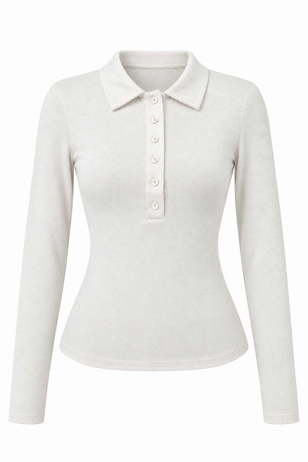 2246 Kadın Polo Yaka Düğmeli Uzun Kollu Slim Fit Bluz Beyaz
