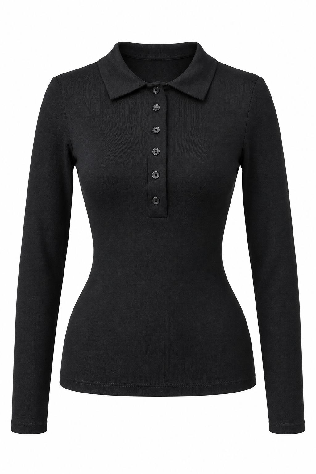 2246 Kadın Polo Yaka Düğmeli Uzun Kollu Slim Fit Bluz Siyah