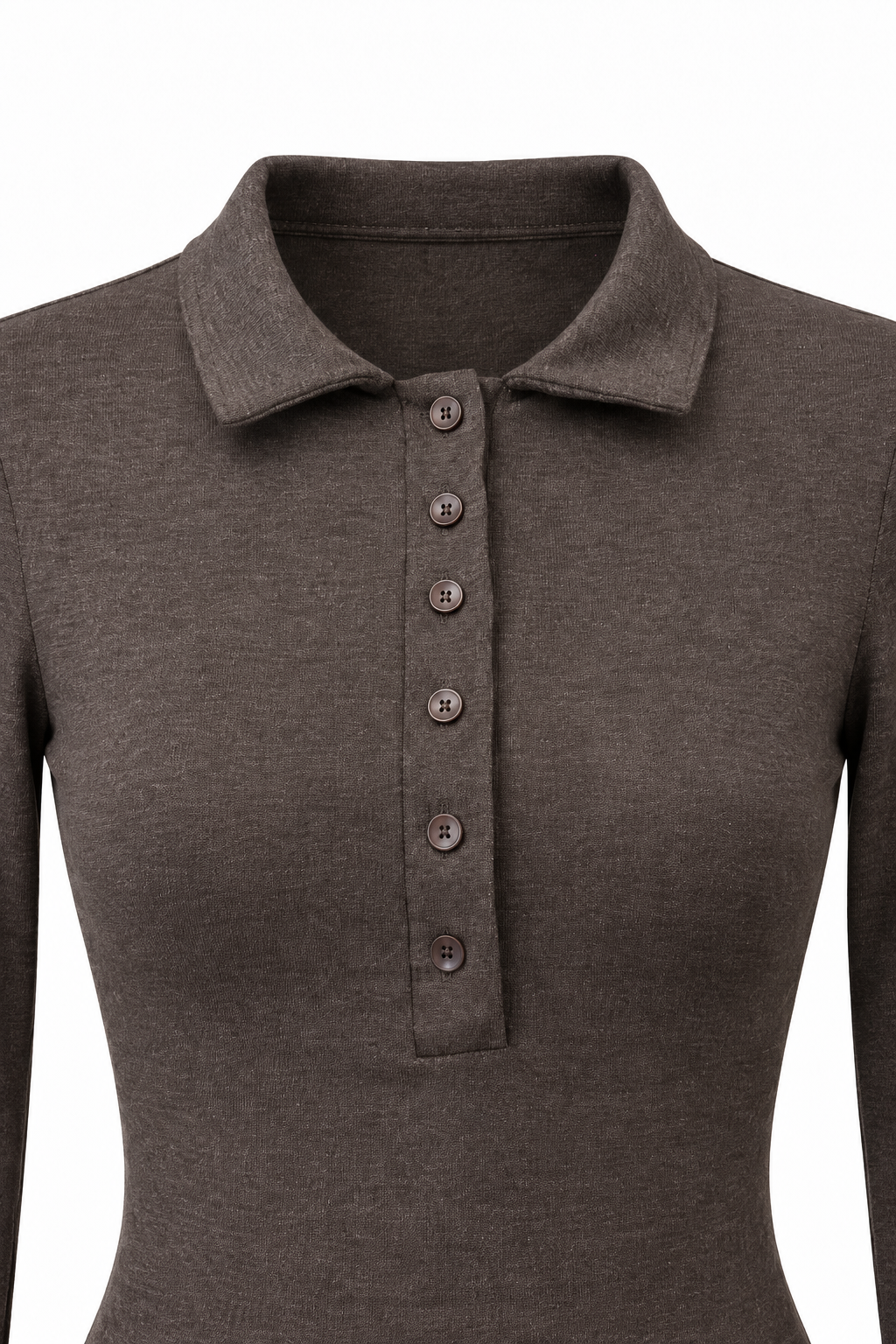 2246 Kadın Polo Yaka Düğmeli Uzun Kollu Slim Fit Bluz Kahve