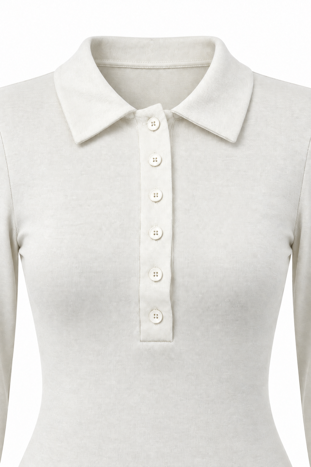 2246 Kadın Polo Yaka Düğmeli Uzun Kollu Slim Fit Bluz Beyaz