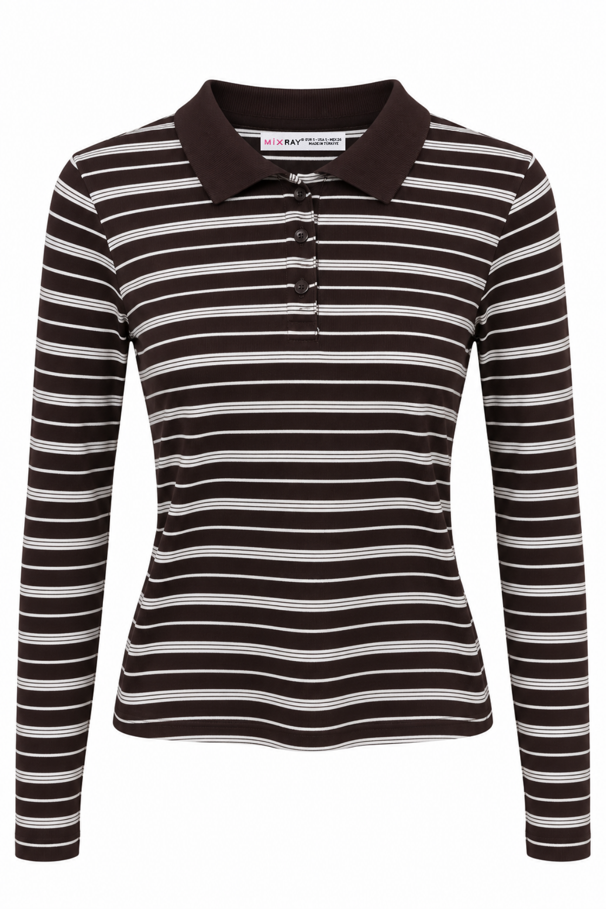 2252 Kadın Çizgili Polo Yaka Uzun Kollu Slim Fit Bluz Kahve