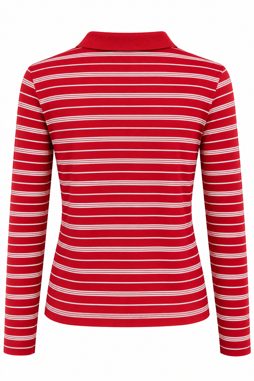 2252 Kadın Çizgili Polo Yaka Uzun Kollu Slim Fit Bluz Kırmızı