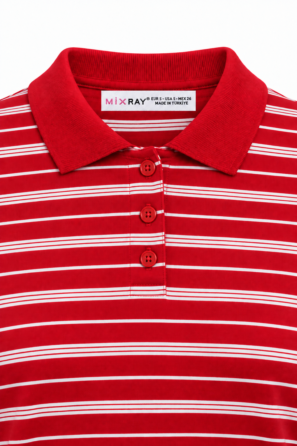 2252 Kadın Çizgili Polo Yaka Uzun Kollu Slim Fit Bluz Kırmızı