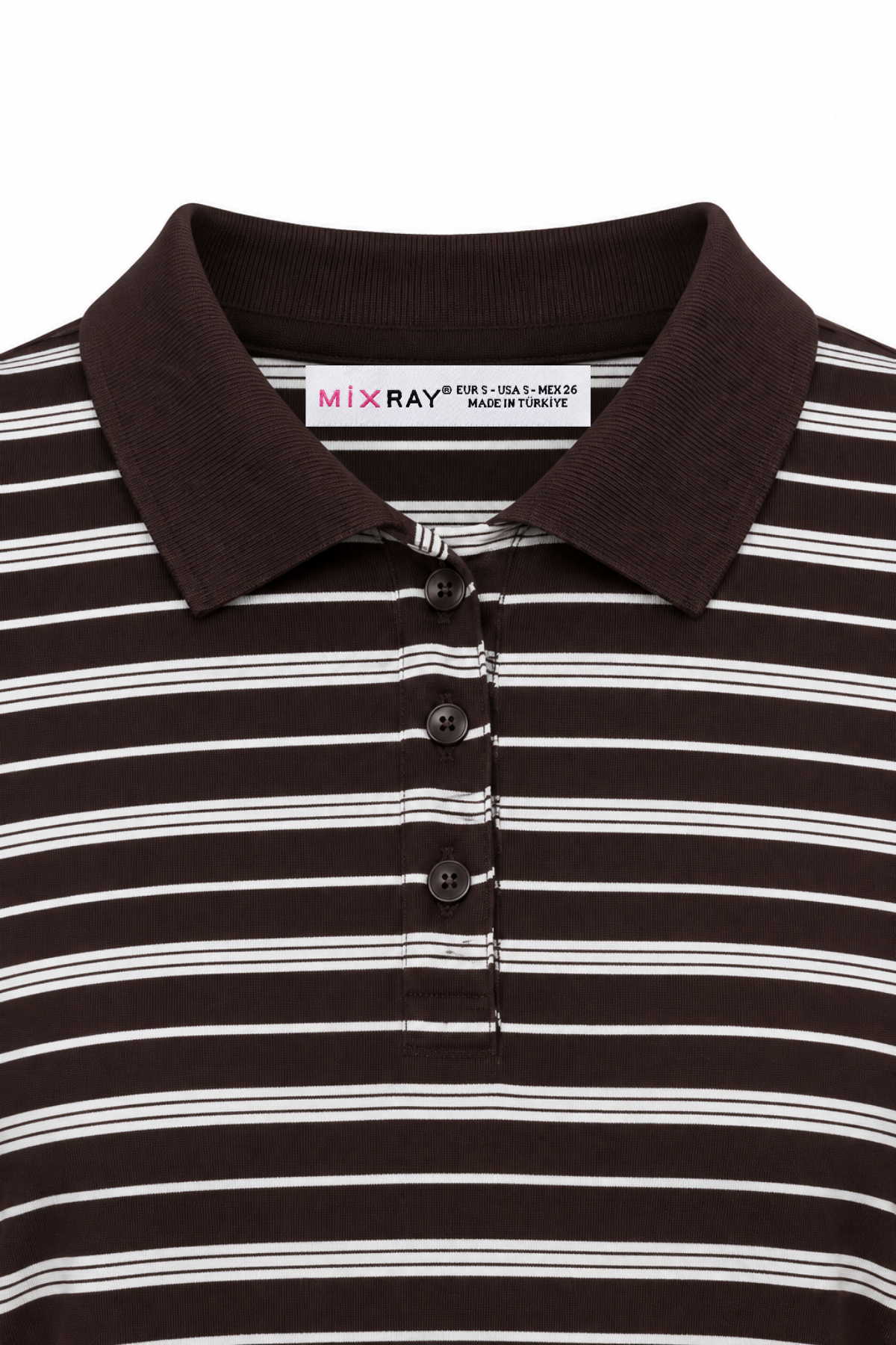 2252 Kadın Çizgili Polo Yaka Uzun Kollu Slim Fit Bluz Kahve