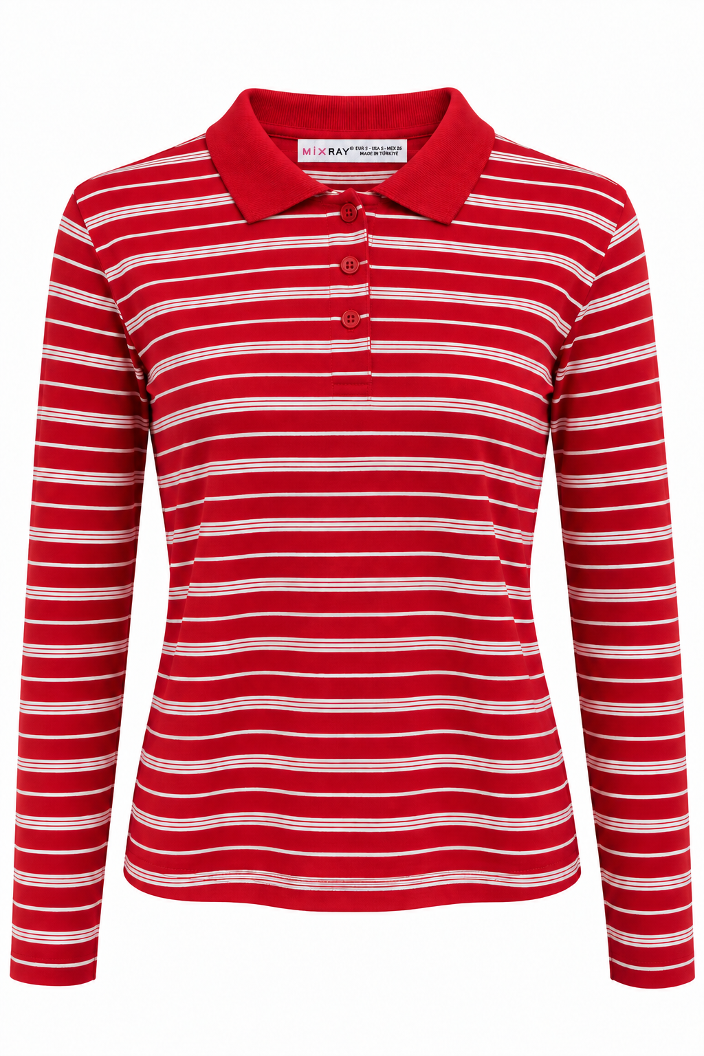 2252 Kadın Çizgili Polo Yaka Uzun Kollu Slim Fit Bluz Kırmızı