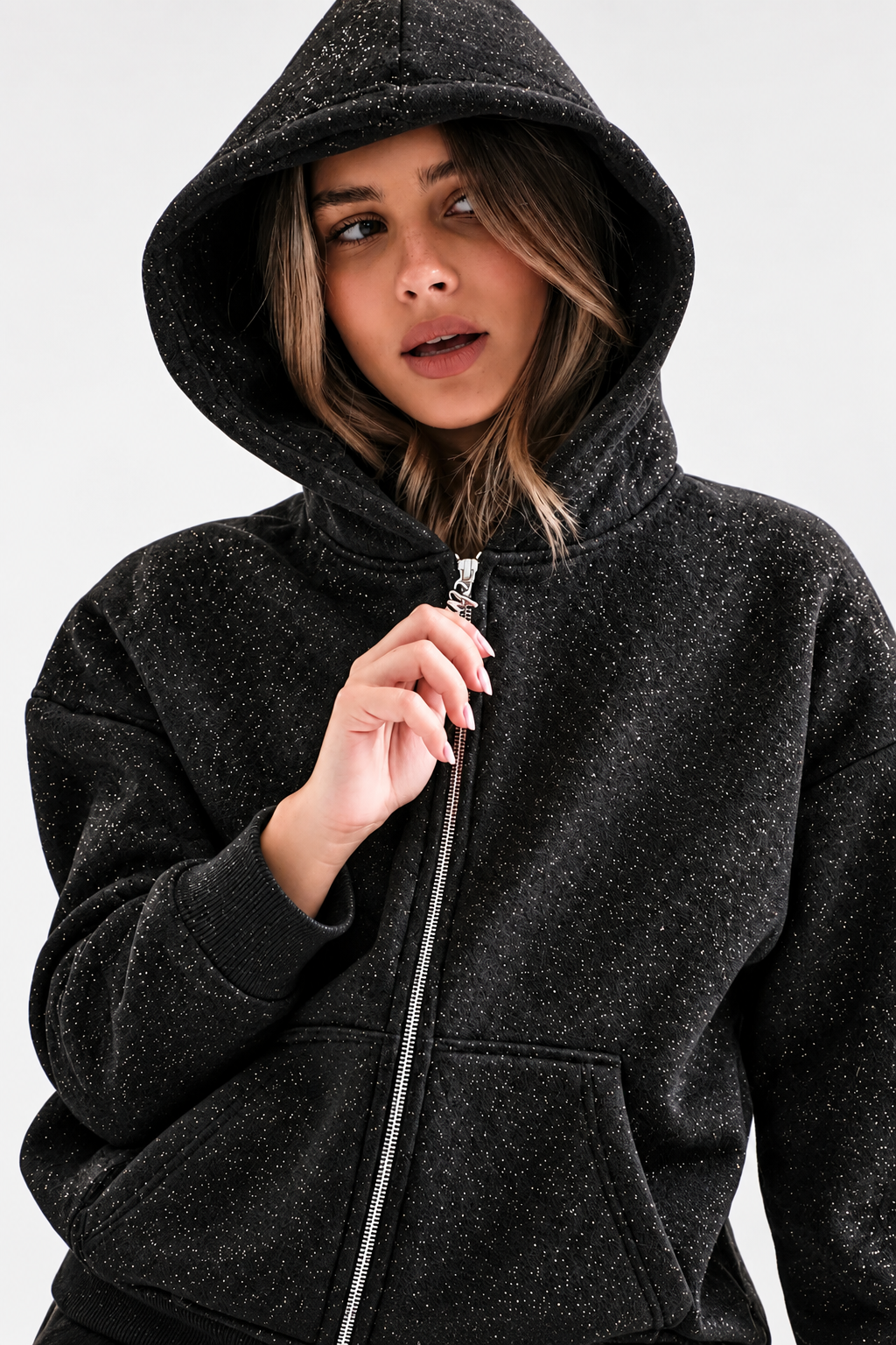 2253 Işıltılı Kapüşonlu 3 İplik Sweatshirt Siyah