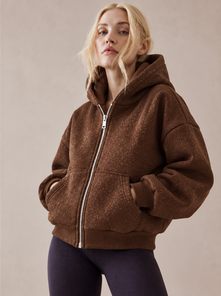 2253 Işıltılı Kapüşonlu 3 İplik Sweatshirt Kahve