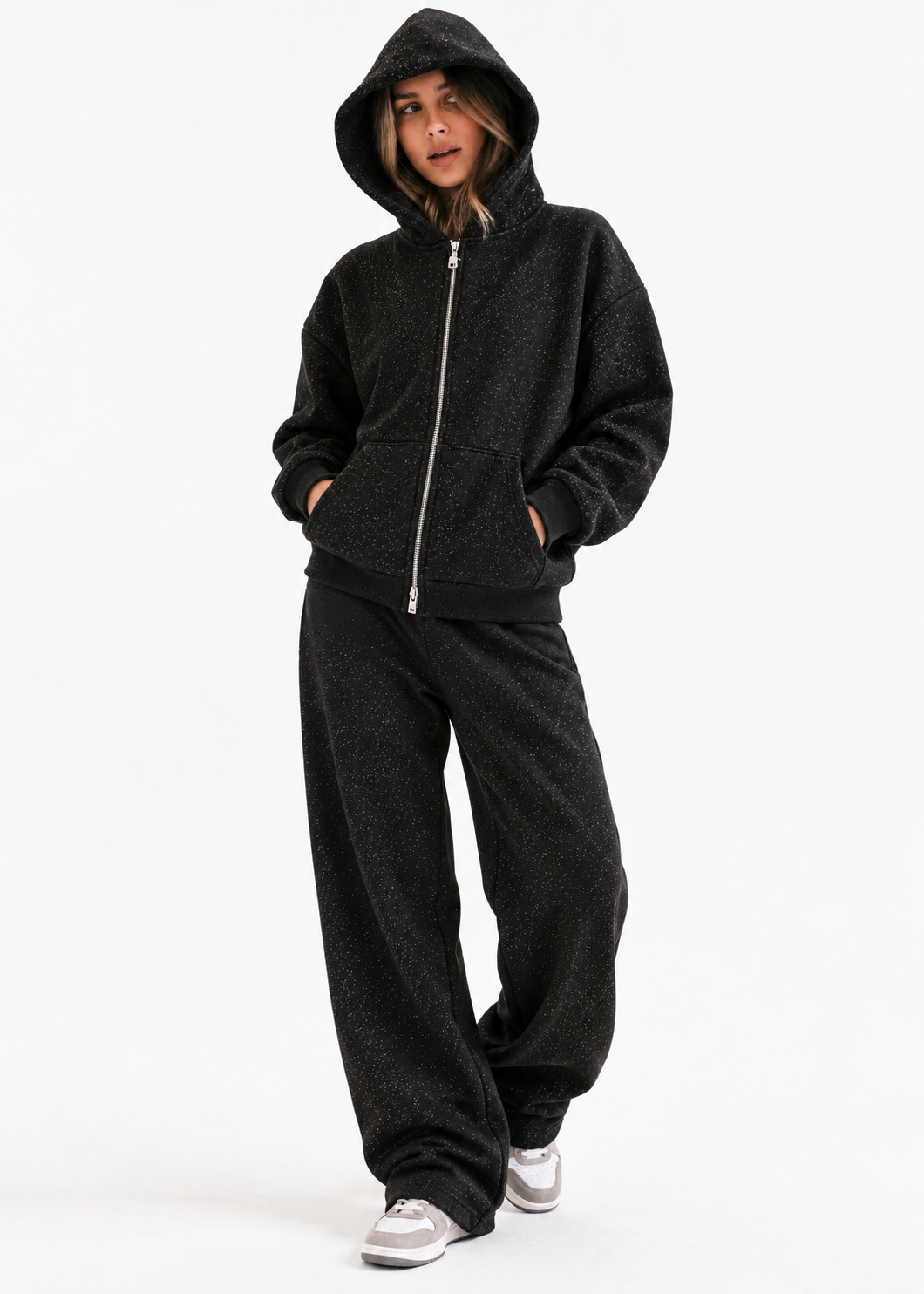 2253 Işıltılı Kapüşonlu 3 İplik Sweatshirt Siyah