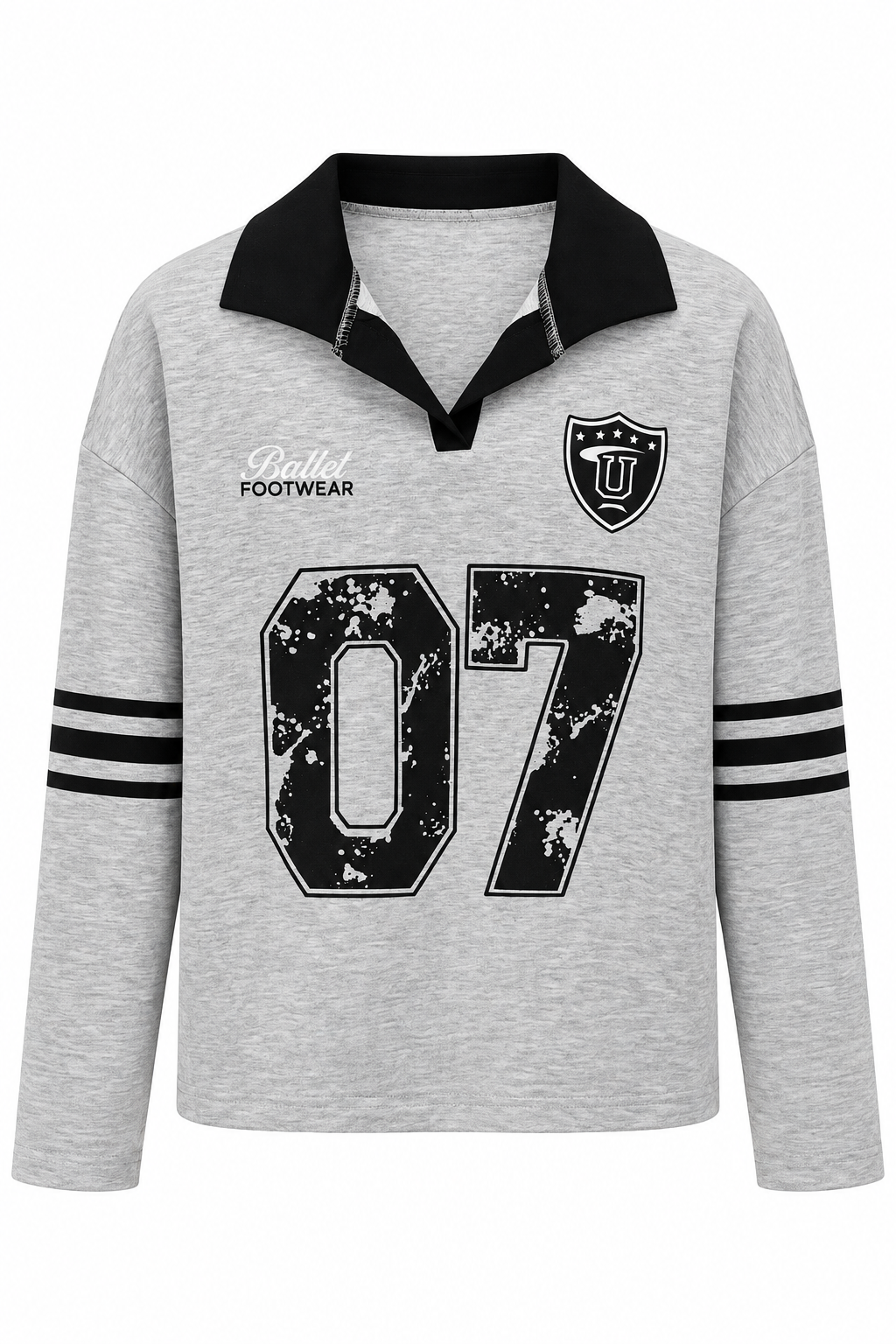 2257 Kadın 07 Baskılı Polo Yaka Oversize Sweatshirt Gri