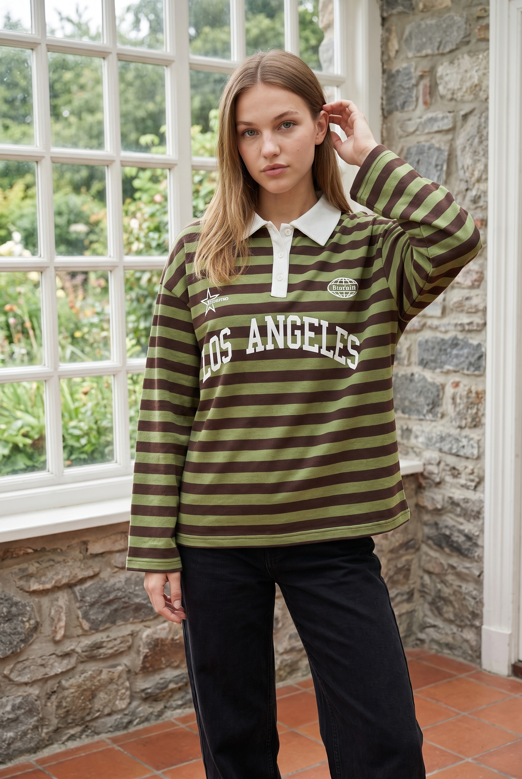 2259 Kadın Çizgili Los Angeles Baskılı Polo Yaka Sweatshirt Haki