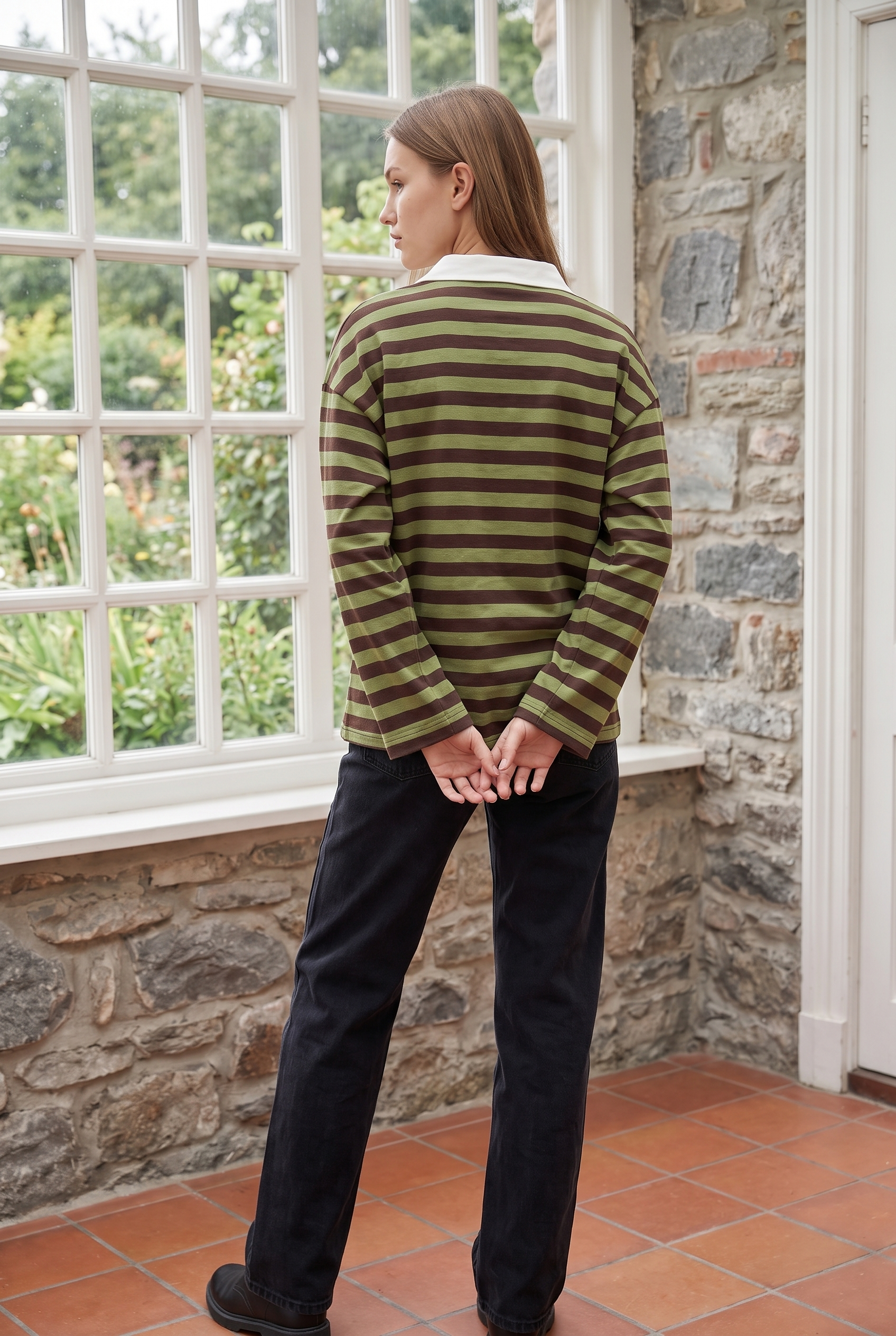 2259 Kadın Çizgili Los Angeles Baskılı Polo Yaka Sweatshirt Haki