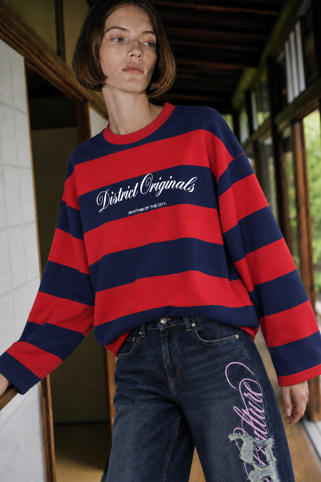 2260 Kadın Retro Çizgili District Originals Baskı Sweatshirt Lacivert
