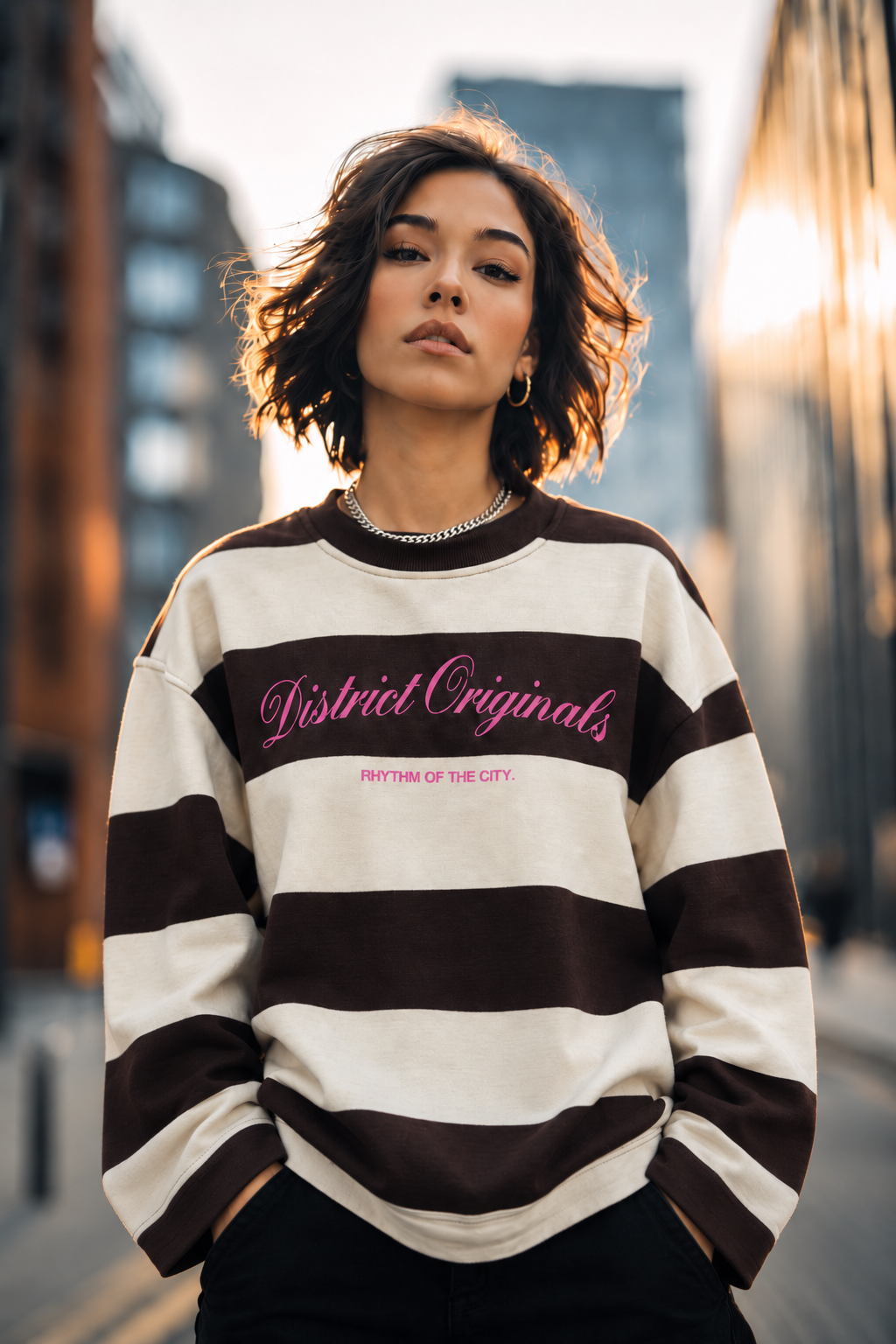 2260 Kadın Retro Çizgili District Originals Baskı Sweatshirt Kahve