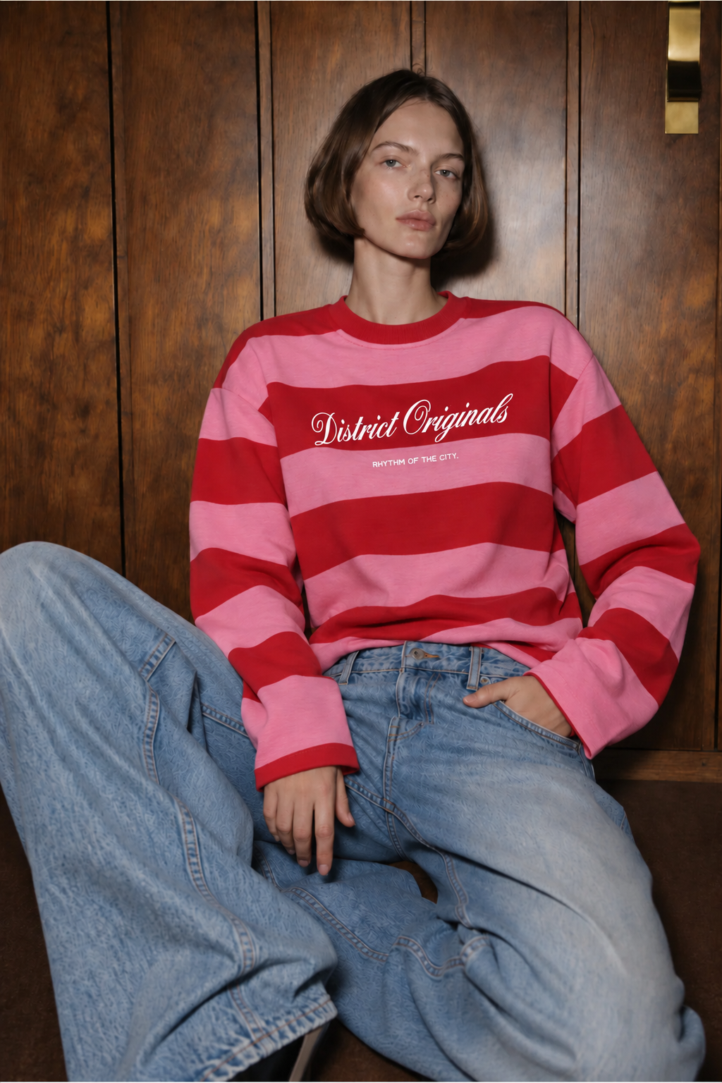 2260 Kadın Retro Çizgili District Originals Baskı Sweatshirt Pembe