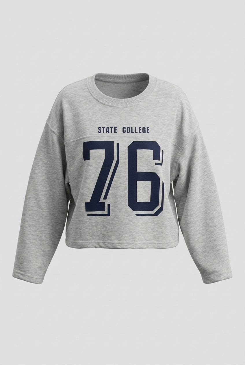 2263 Kadın 76 Kolej Baskılı Yıldız Detay Oversize Sweatshirt Gri