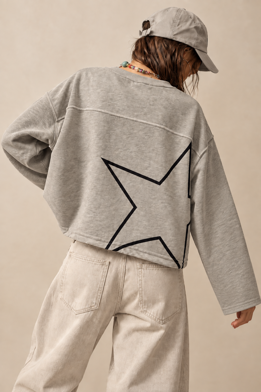 2263 Kadın 76 Kolej Baskılı Yıldız Detay Oversize Sweatshirt Gri
