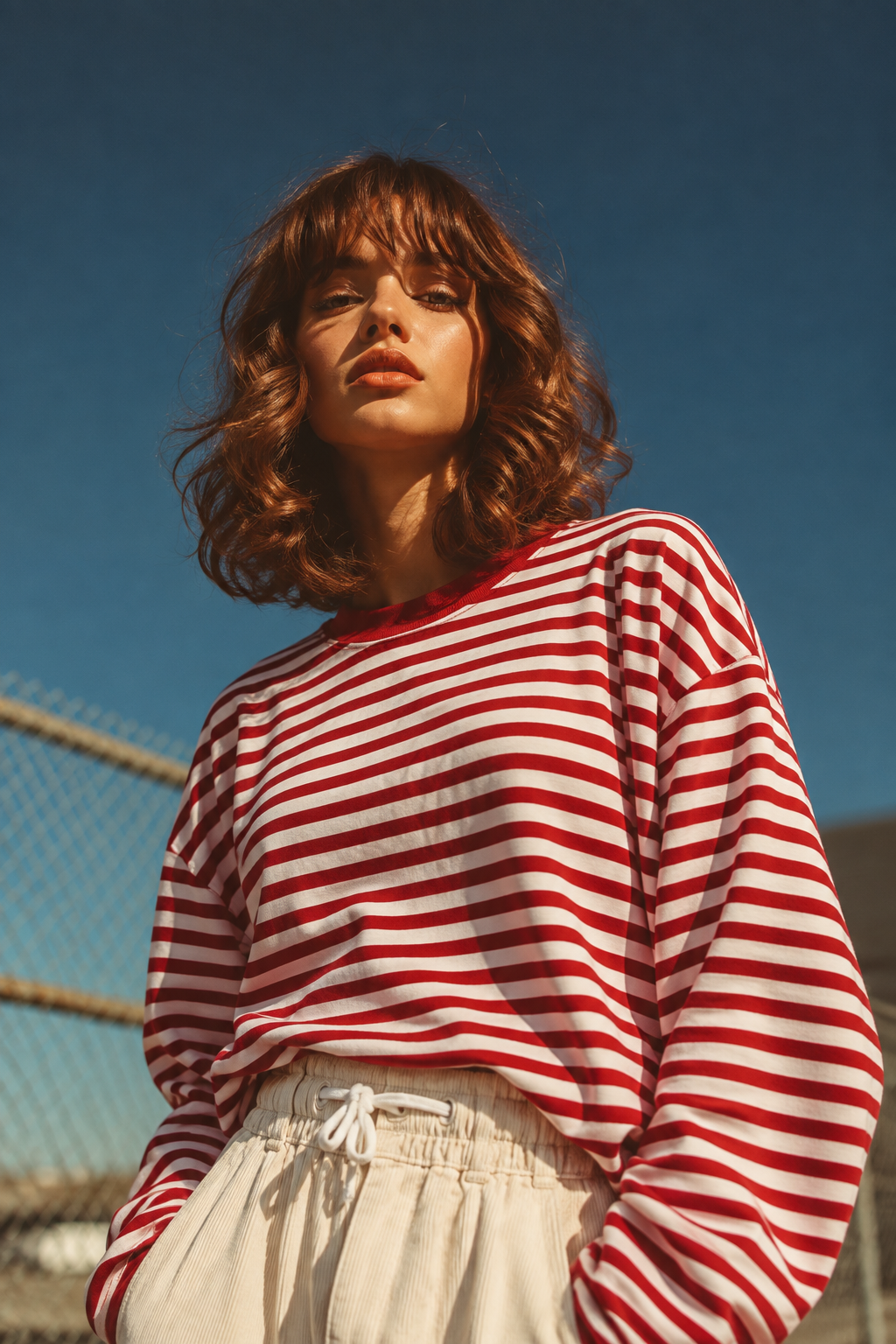 2265 Kadın Çizgili Bisiklet Yaka Oversize Sweatshirt Kırmızı
