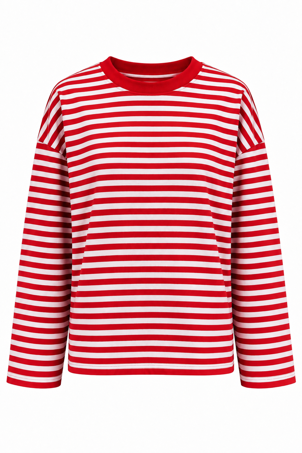 2265 Kadın Çizgili Bisiklet Yaka Oversize Sweatshirt Kırmızı