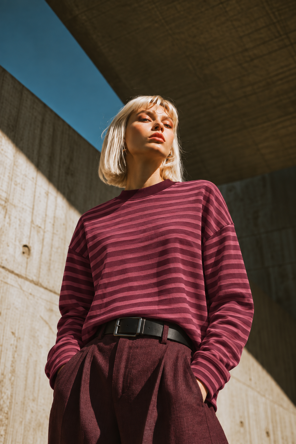 2265 Kadın Çizgili Bisiklet Yaka Oversize Sweatshirt Bordo