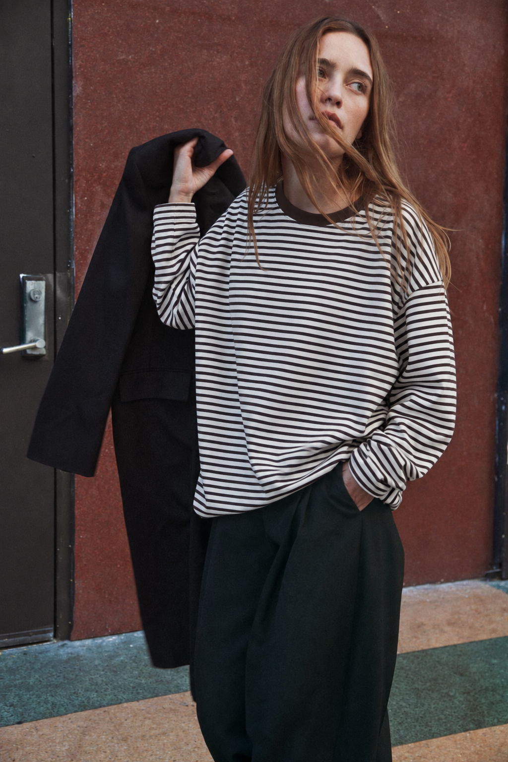 2265 Kadın Çizgili Bisiklet Yaka Oversize Sweatshirt Kahve