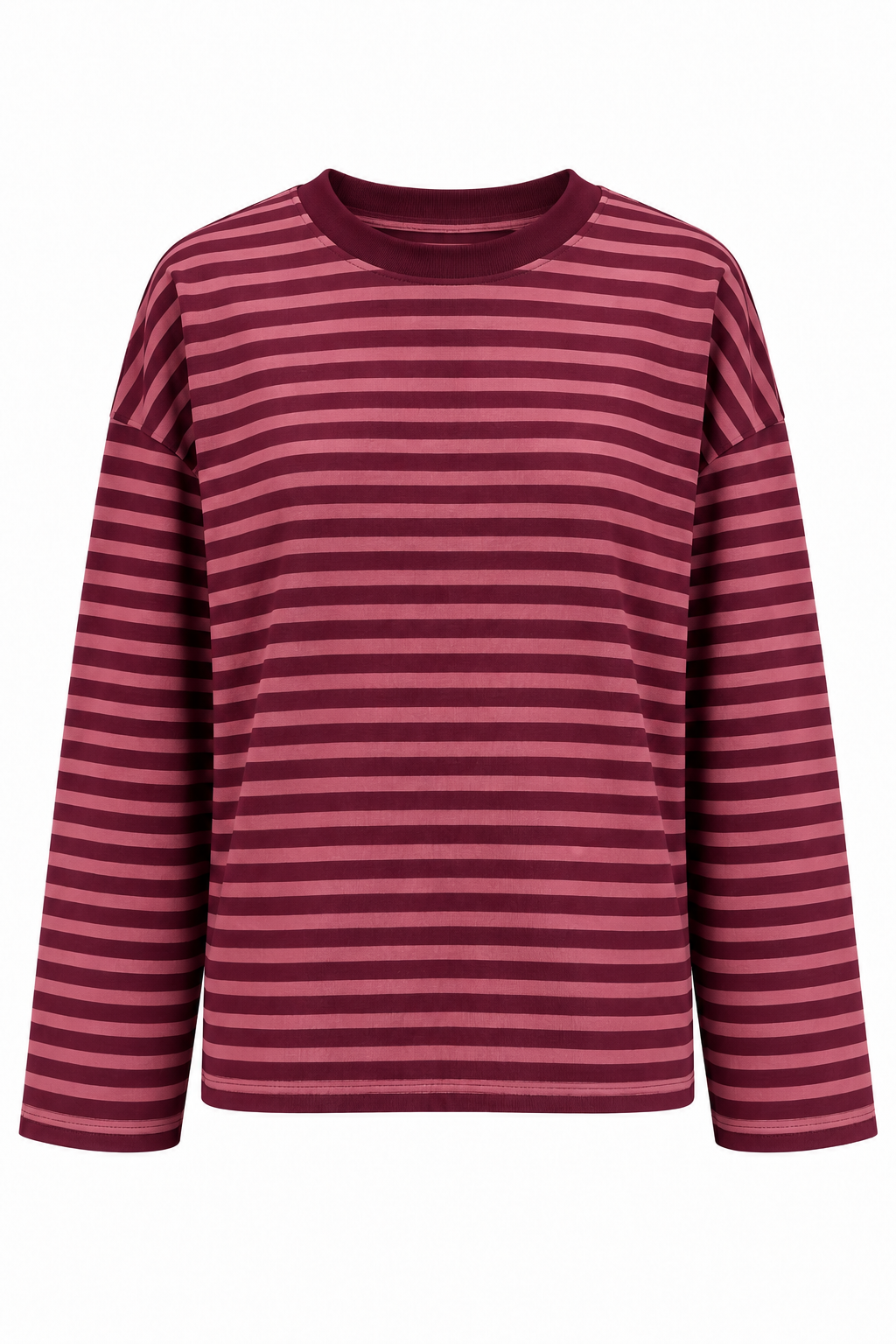 2265 Kadın Çizgili Bisiklet Yaka Oversize Sweatshirt Bordo