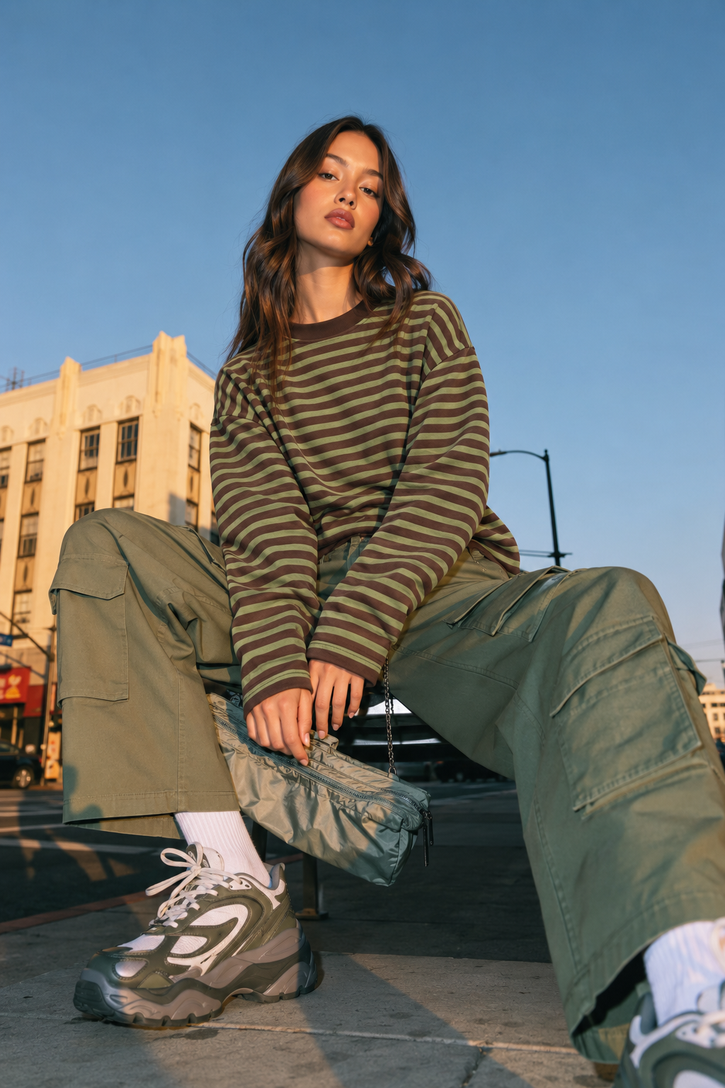 2265 Kadın Çizgili Bisiklet Yaka Oversize Sweatshirt Fıstık Yeşili