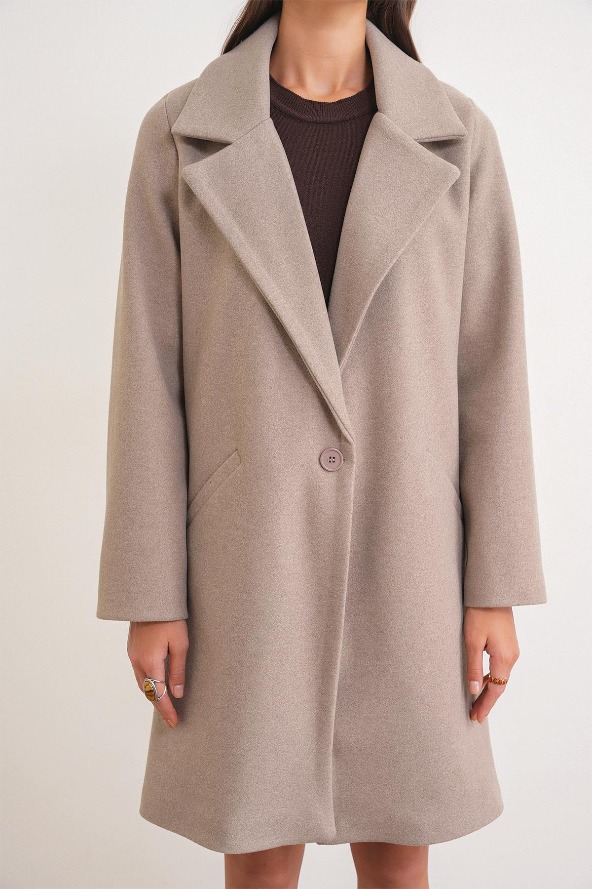 3802 Kadın Tek Düğmeli Kaşe Kaban Vizon