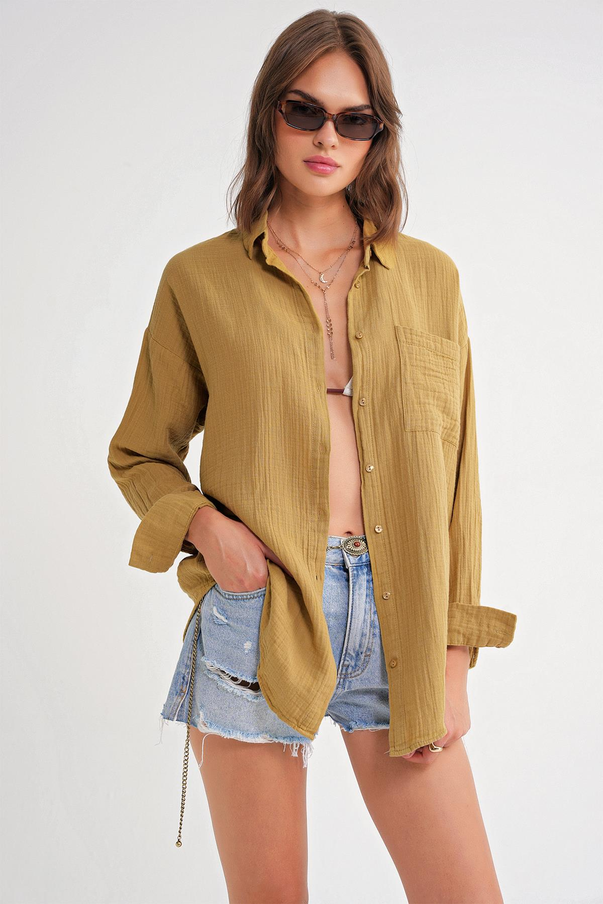 3833 Kadın Oversize Cepli Müslin Gömlek Yağ Yeşili