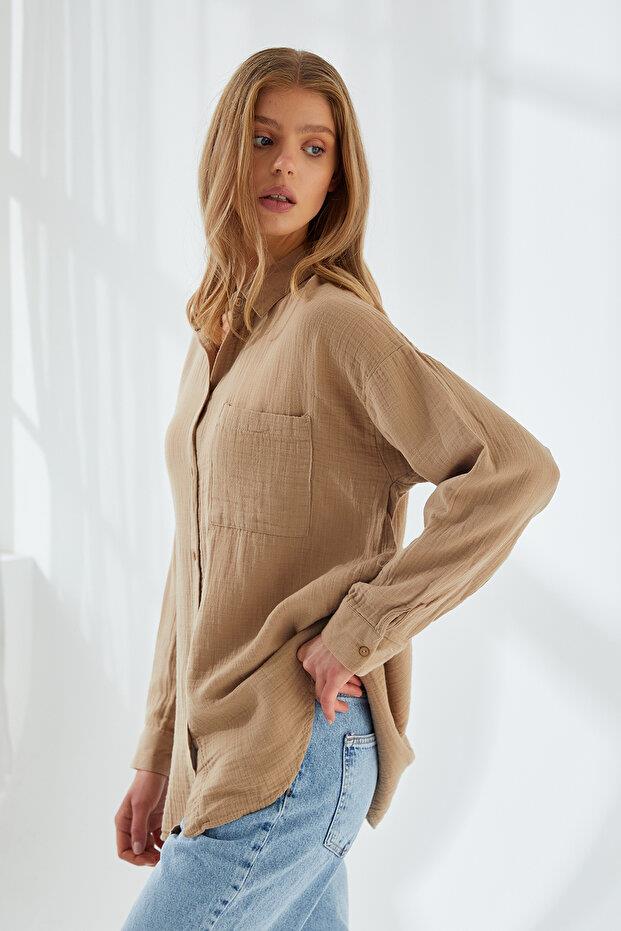 3833 Kadın Oversize Cepli Müslin Gömlek Vizon