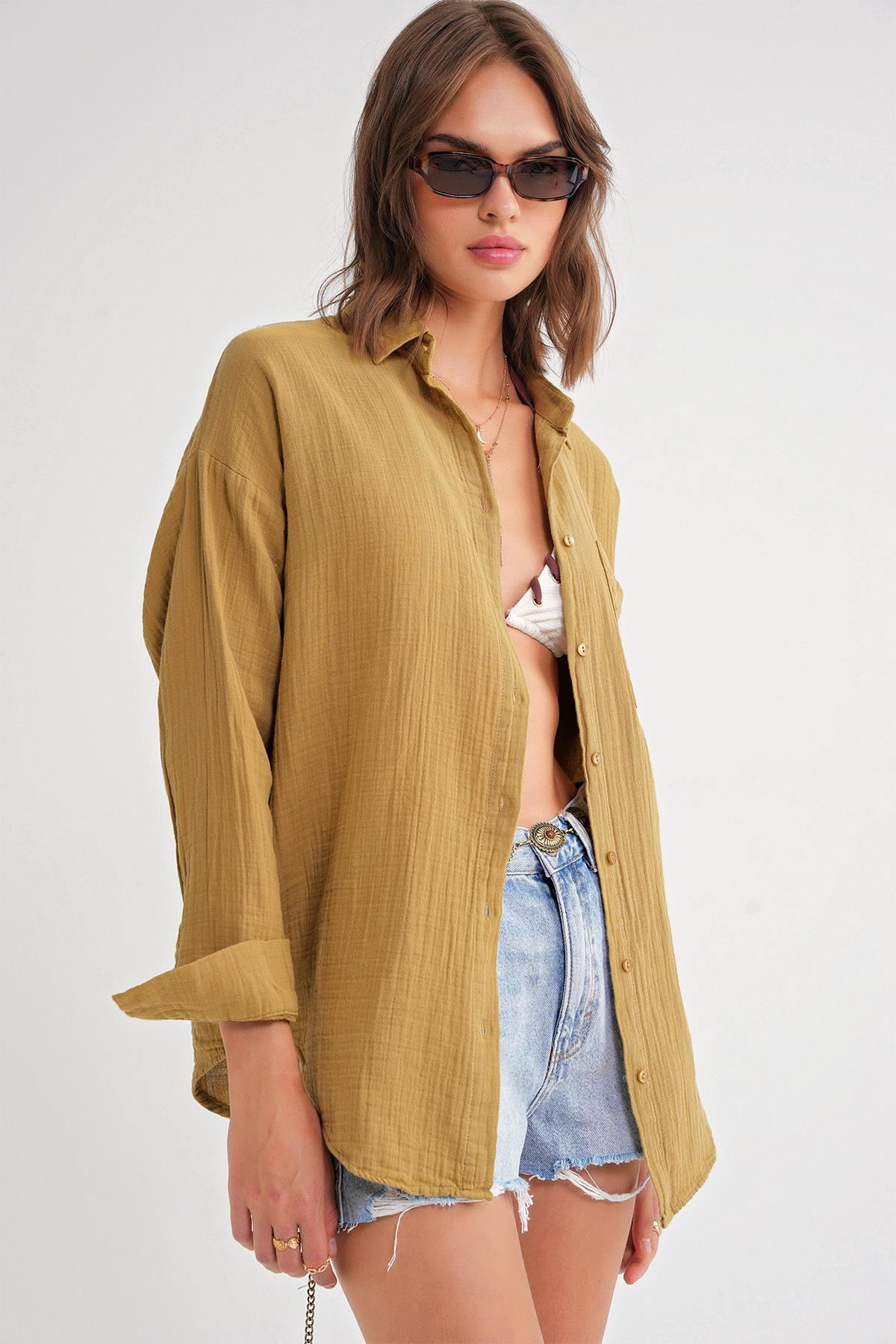 3833 Kadın Oversize Cepli Müslin Gömlek Yağ Yeşili
