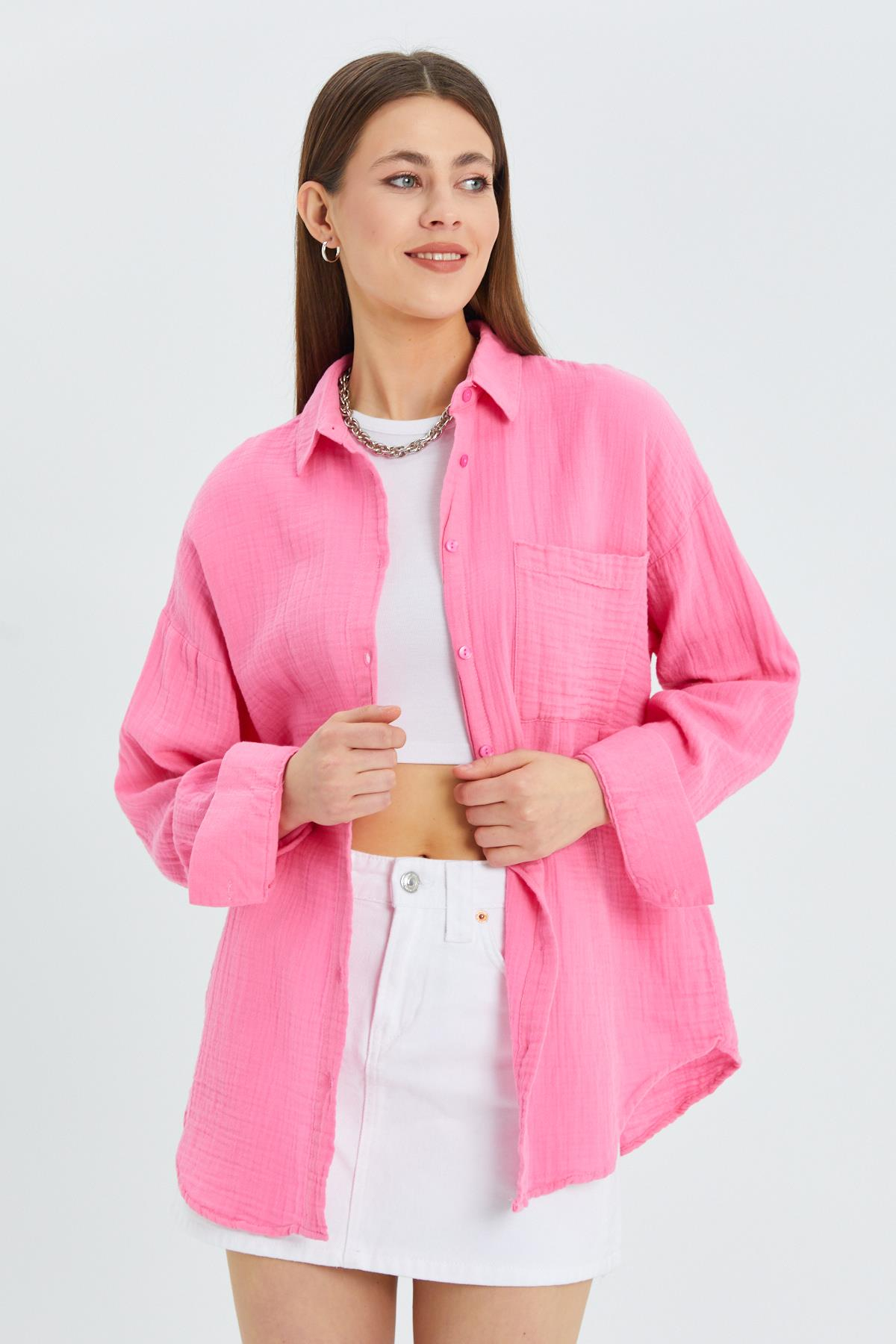 3833 Kadın Oversize Cepli Müslin Gömlek Pembe