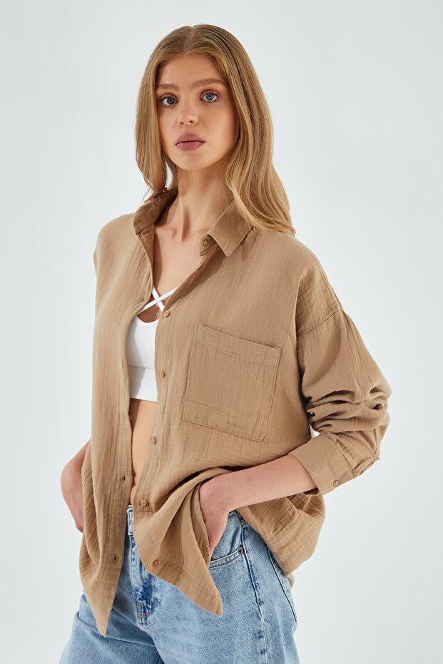 3833 Kadın Oversize Cepli Müslin Gömlek Vizon