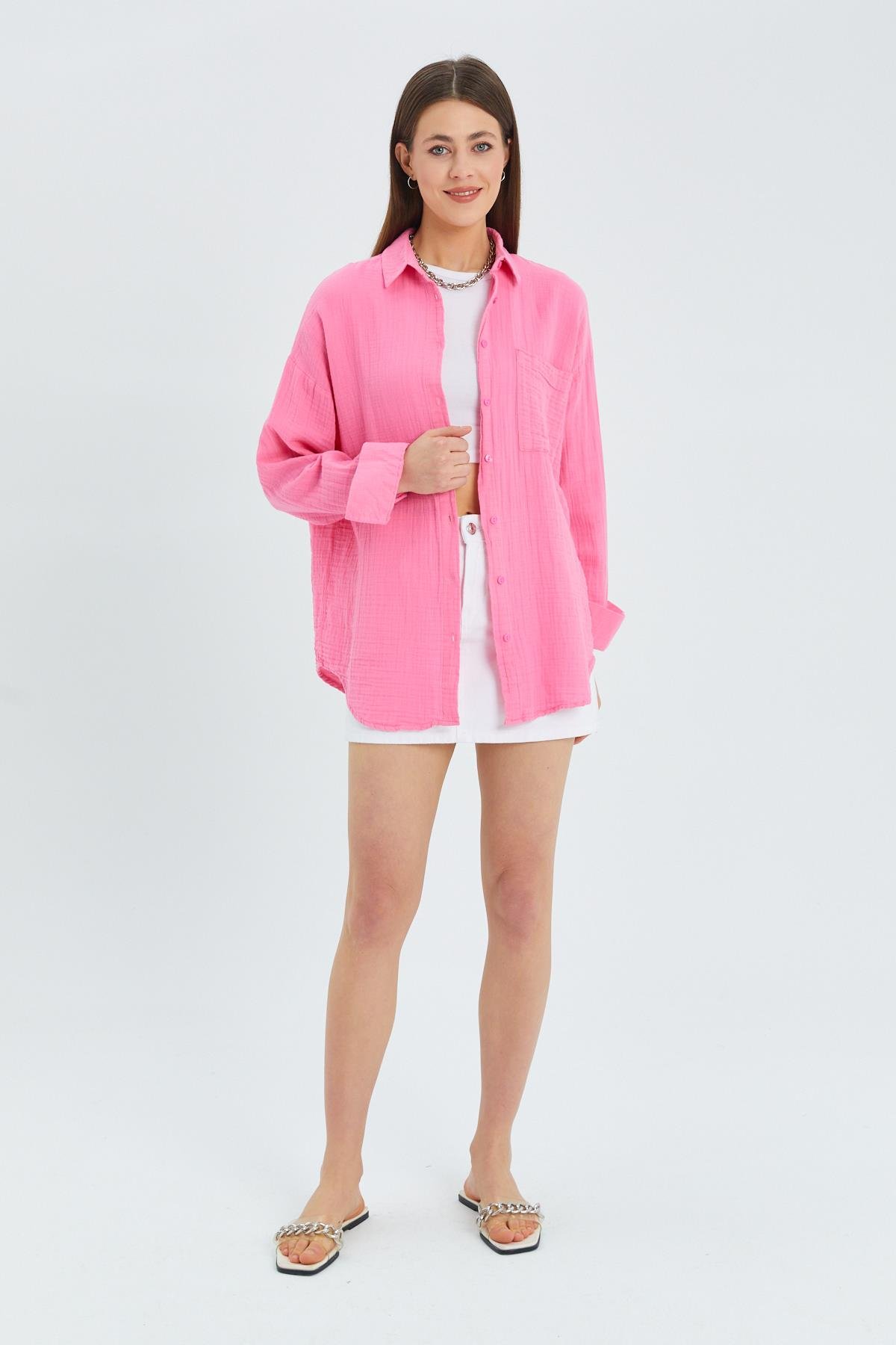 3833 Kadın Oversize Cepli Müslin Gömlek Pembe