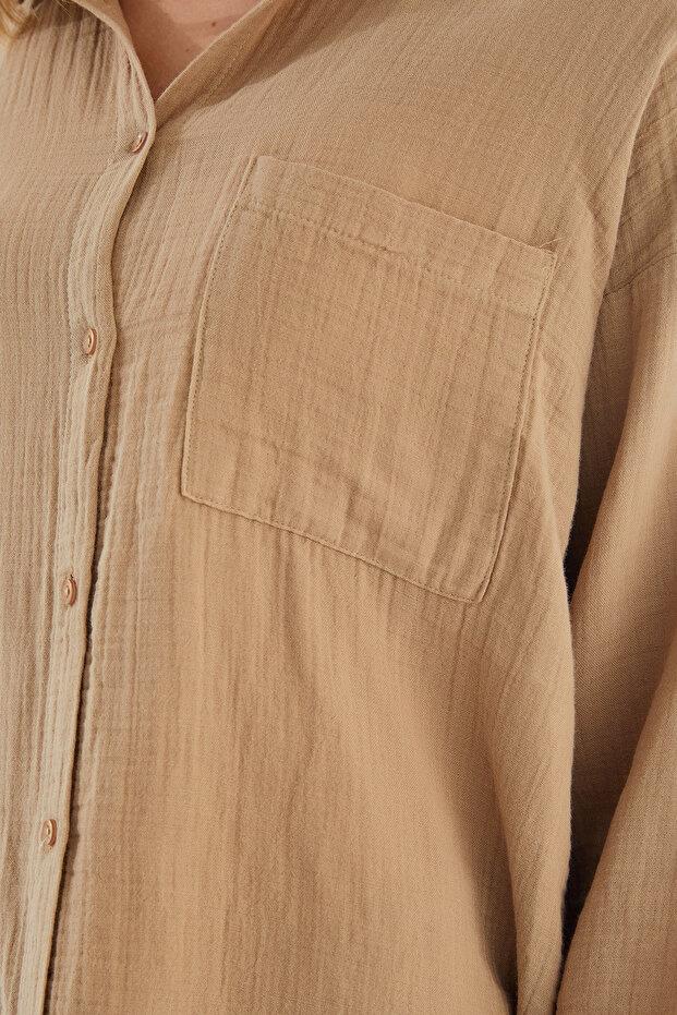 3833 Kadın Oversize Cepli Müslin Gömlek Vizon